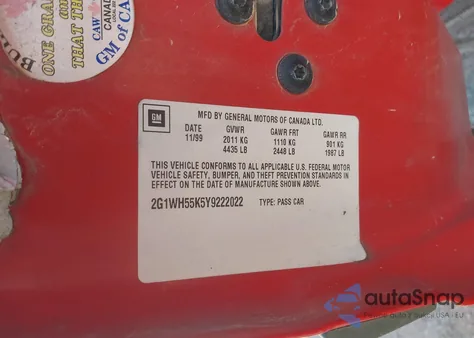 2000 Chevrolet Impala Ls из США, поврежденный, VIN 2G1WH55K5Y9222022